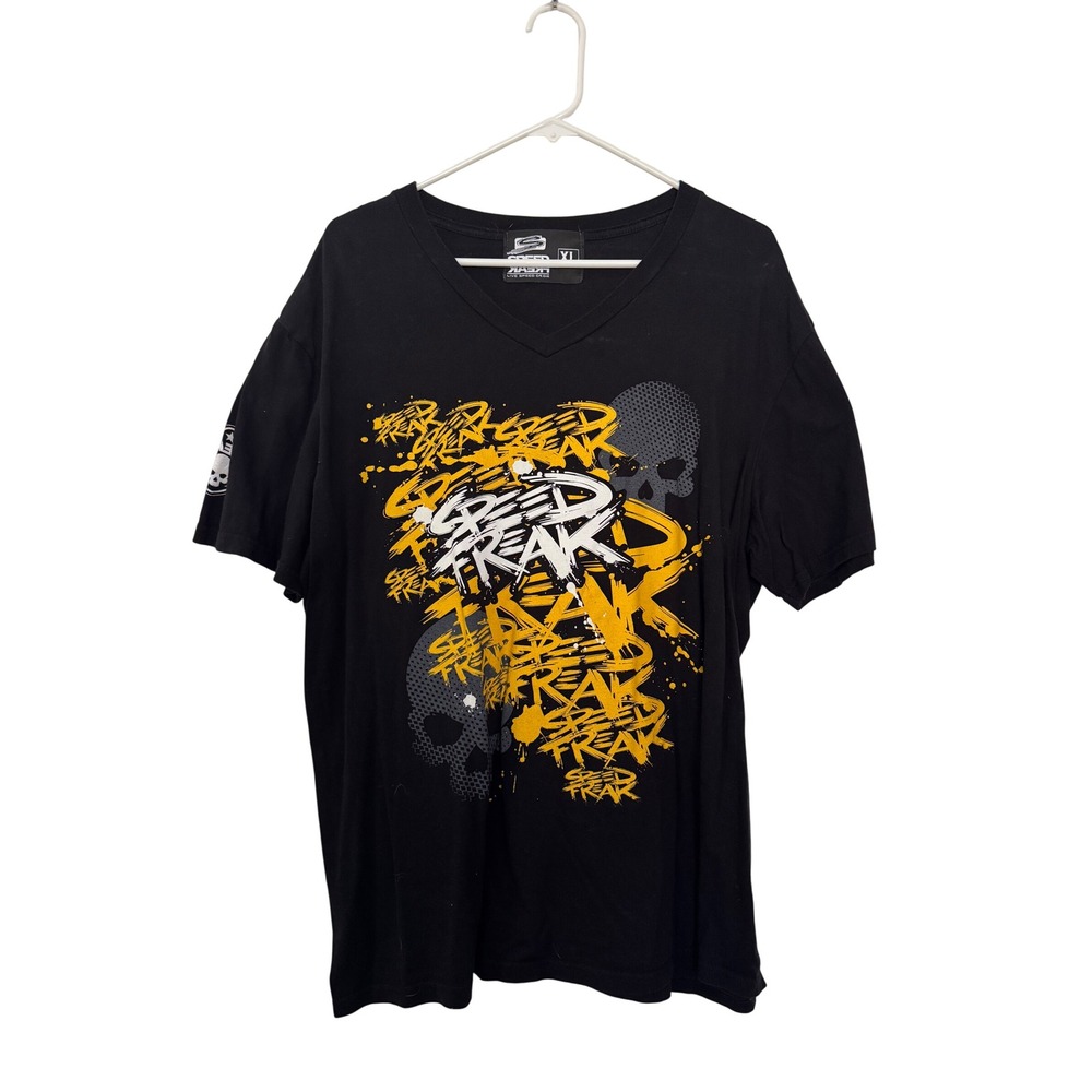 Speed Freak Mens XL V-Neck Graphic T-Shirt Black Yellow Skull Logo Tee